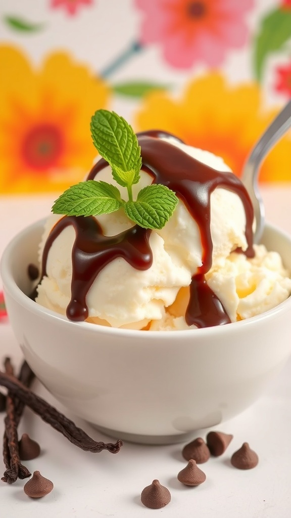 A bowl of vanilla ice cream with chocolate sauce and mint, surrounded by vanilla beans and chocolate chips.